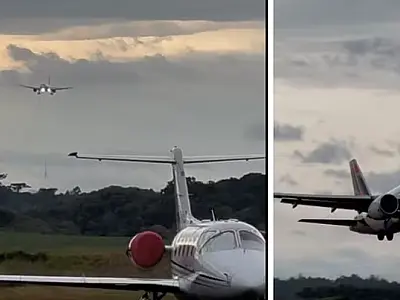 Vídeo mostra avião pousando de lado e arremetendo após ventos de 60 km/h em Santa Catarina