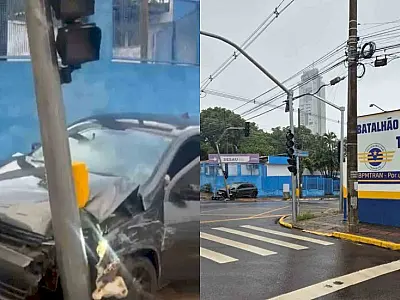 Motorista sob efeito de álcool bate em semáforo em frente ao Quartel da PM de Trânsito em CG