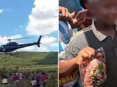 Helicóptero de frigorífico lança carne sobre moradores em Aparecida de Goiânia e ação gera polêmica